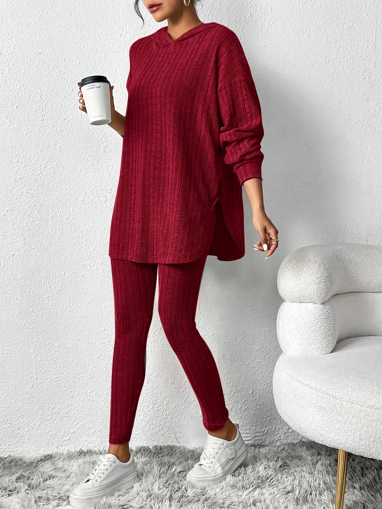 two-piece Ribbed Long Sleeve Hooded Top & Skinny Pants Set for Women, Casual Lounge Outfit